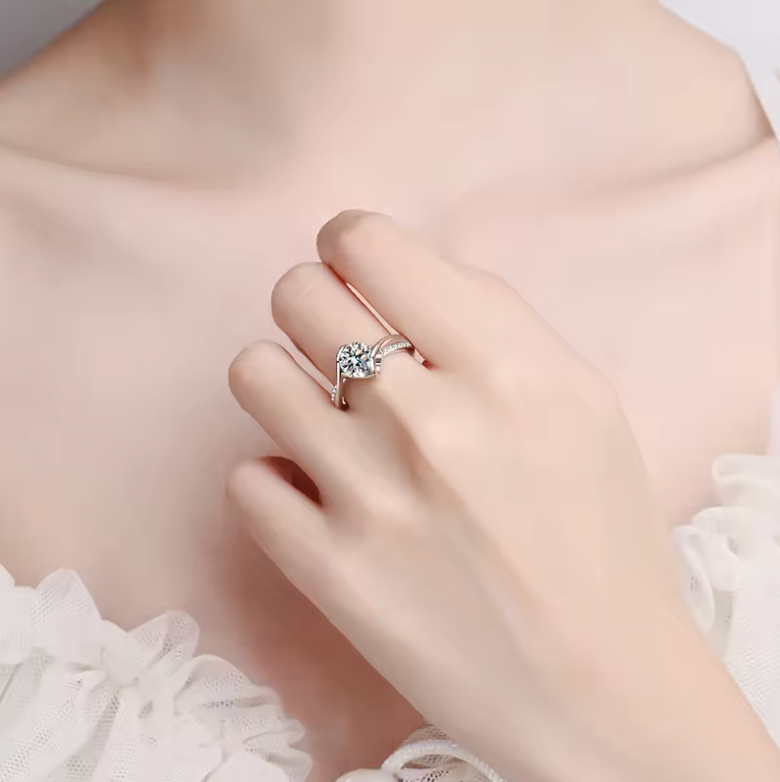 Silver Round-Cut Solitaire Bypass Wave Ring