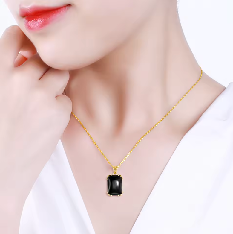 Gold Large Rectangular Black Onyx Solitaire Pendant Necklace