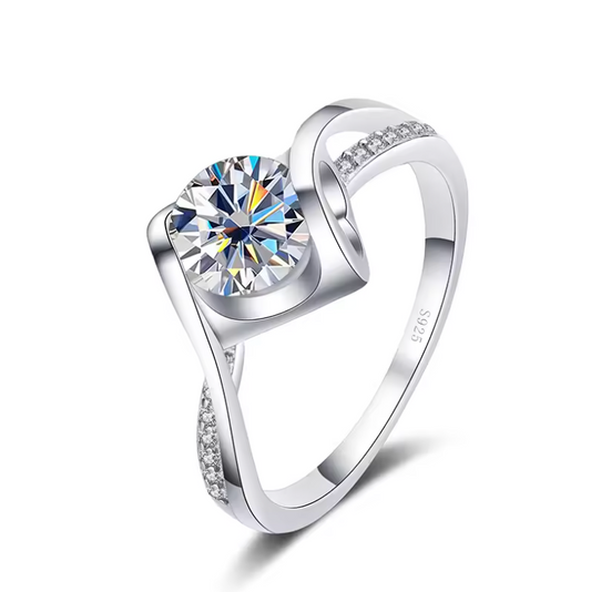 Silver Round-Cut Solitaire Bypass Wave Ring