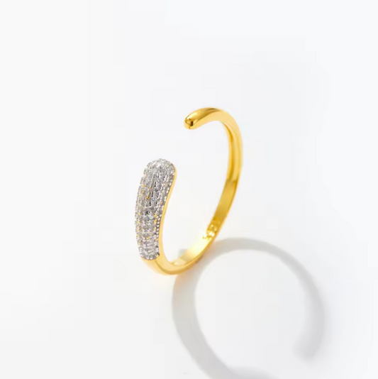 Gold Delicate Open Bypass Textured Pavé Cuff Ring