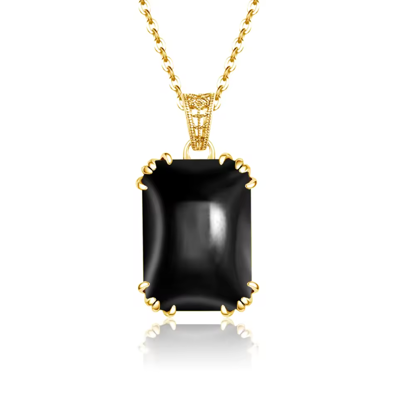 Gold Large Rectangular Black Onyx Solitaire Pendant Necklace
