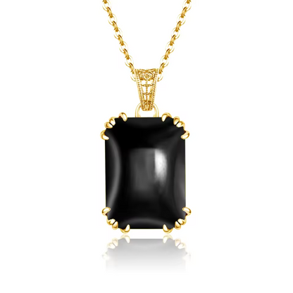Gold Large Rectangular Black Onyx Solitaire Pendant Necklace