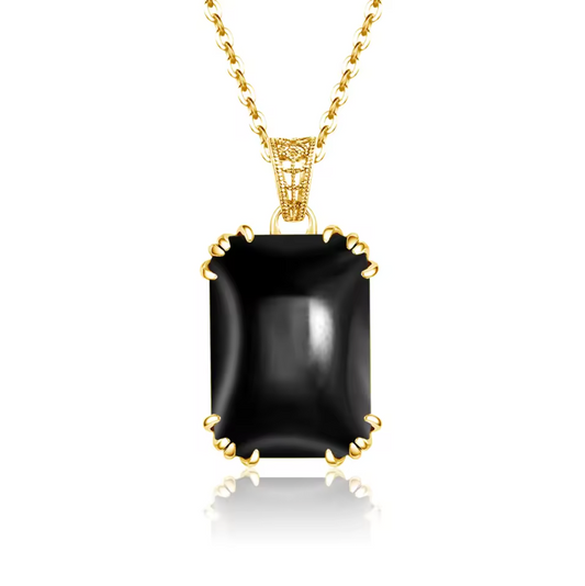 Gold Large Rectangular Black Onyx Solitaire Pendant Necklace