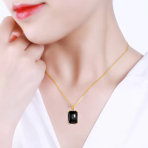 Gold Large Rectangular Black Onyx Solitaire Pendant Necklace
