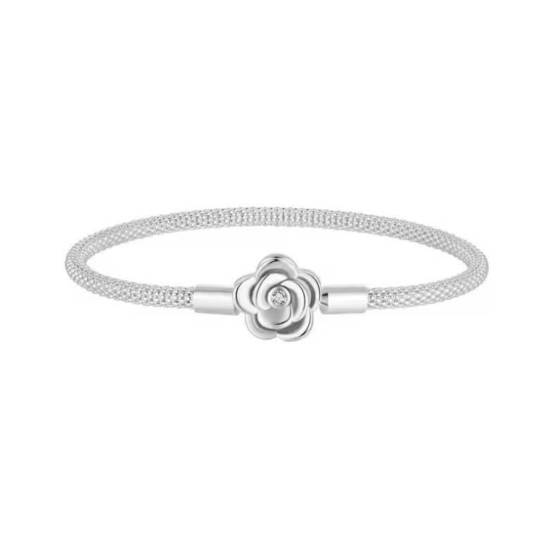 Silver Mesh Camellia Flower Bangle Bracelet