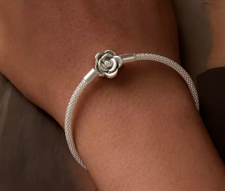 Silver Mesh Camellia Flower Bangle Bracelet