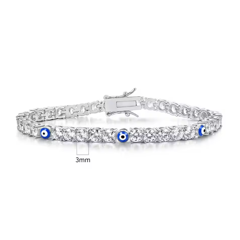 Silver 3mm Evil Eye Accent Diamond Tennis Bracelet