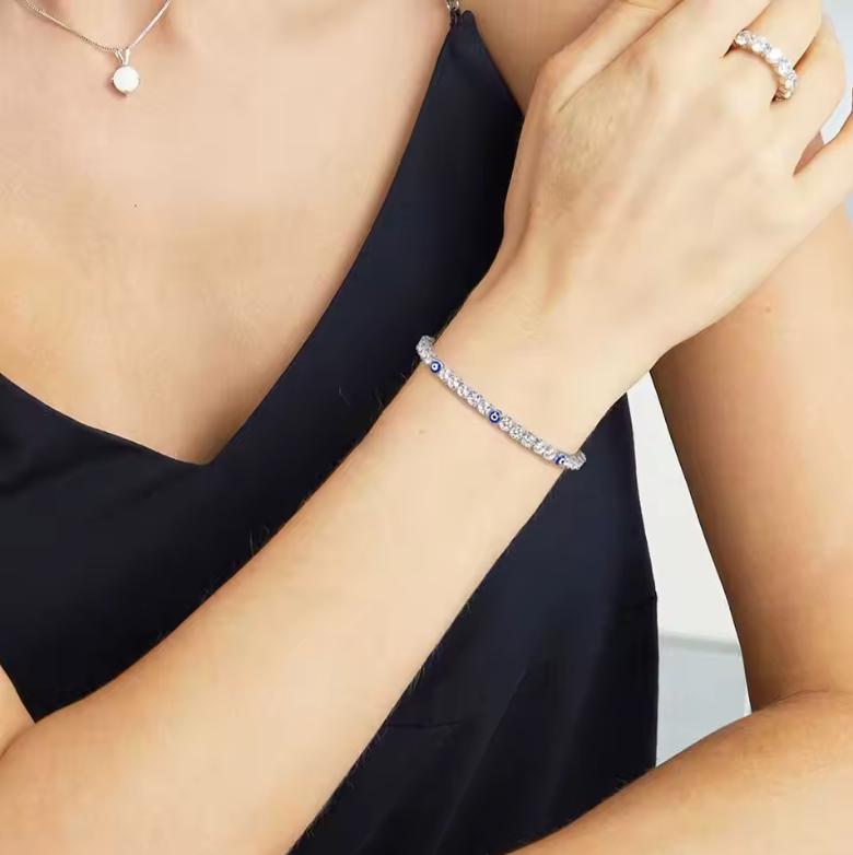 Silver 3mm Evil Eye Accent Diamond Tennis Bracelet